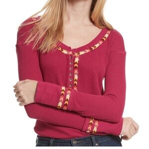 Women's Pink Button-Down Thermal Knit Long Sleeve Top